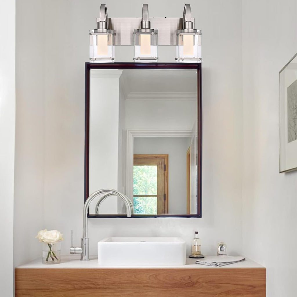 3-Light Brushed Nickel Vanity Light Fixtures, Modern LED Bathroom Wall Lights for Dressing Room, Integrated LED Chips with Frosted Column & Clear Square Glass Shades, Energy Saving Wall Sconce
