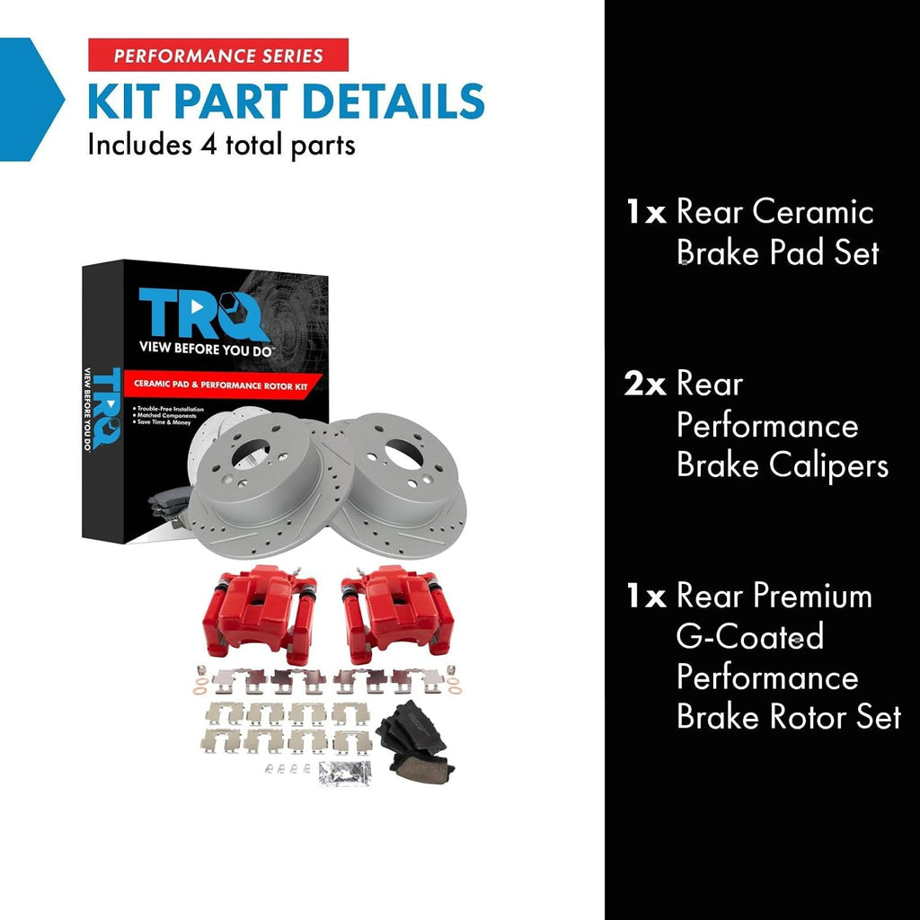 TRQ Performance Rear Brake Pad and Rotor Set Ceramic Coated Drilled Slotted Rotors Calipers Red Compatible with 2007-2012 Lexus ES350 2008-2012 Toyota Avalon 2007-2011 Camry