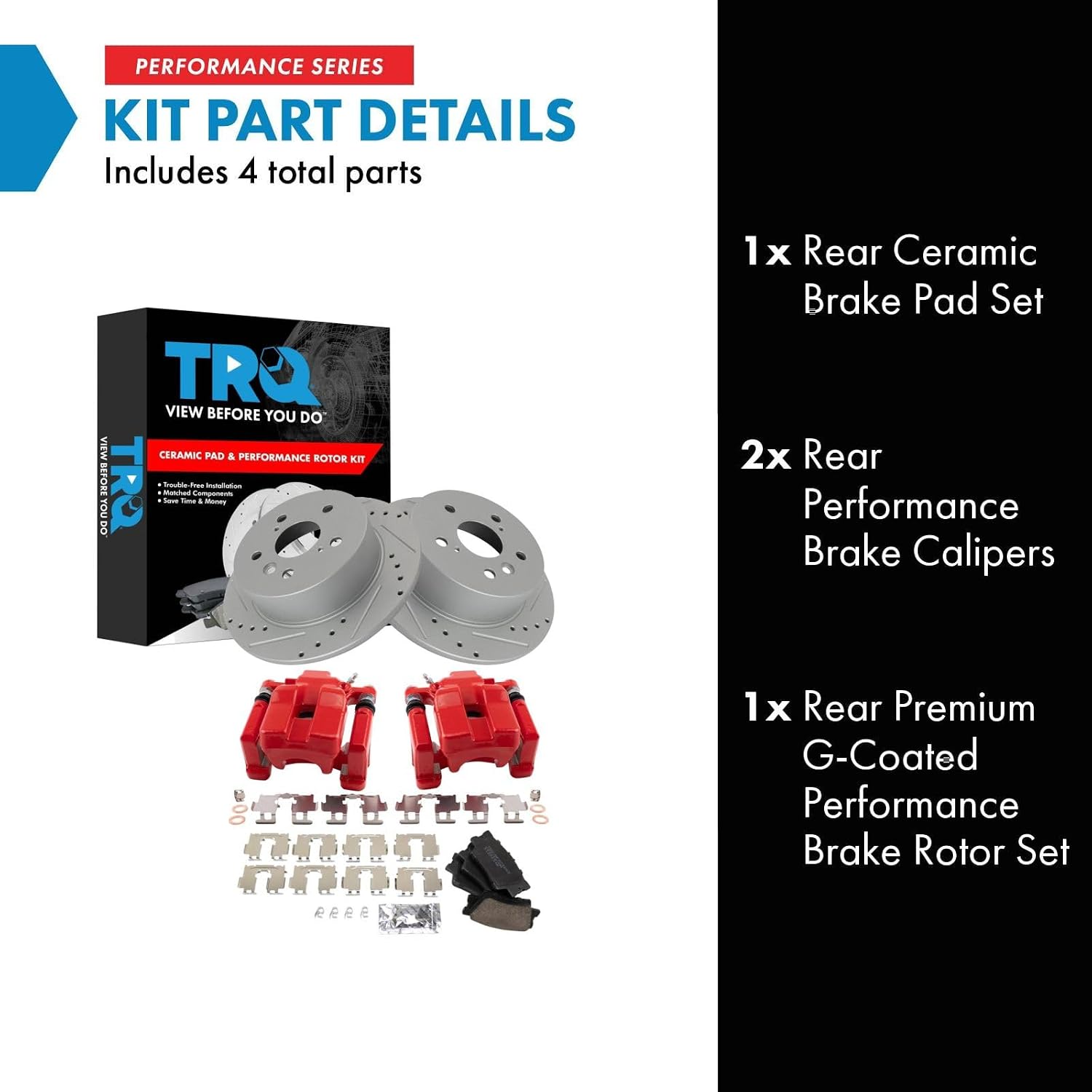 TRQ Performance Rear Brake Pad and Rotor Set Ceramic Coated Drilled Slotted Rotors Calipers Red Compatible with 2007-2012 Lexus ES350 2008-2012 Toyota Avalon 2007-2011 Camry