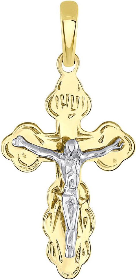 Solid 14k Two Tone Gold Eastern Orthodox Cross Save and Protect Crucifix Pendant Necklace