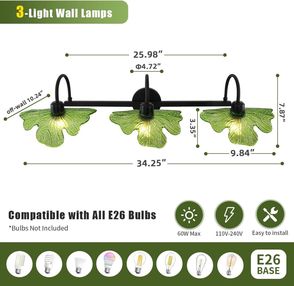 Green Bathroom Vanity Lights Over Mirror, 3 Light Flower Glass Shade Mirror Black Bathroom Sconce Vintage Wall Lighting Fixture mid Century Wall Sconce Light for Bedside Bedroom Doorway