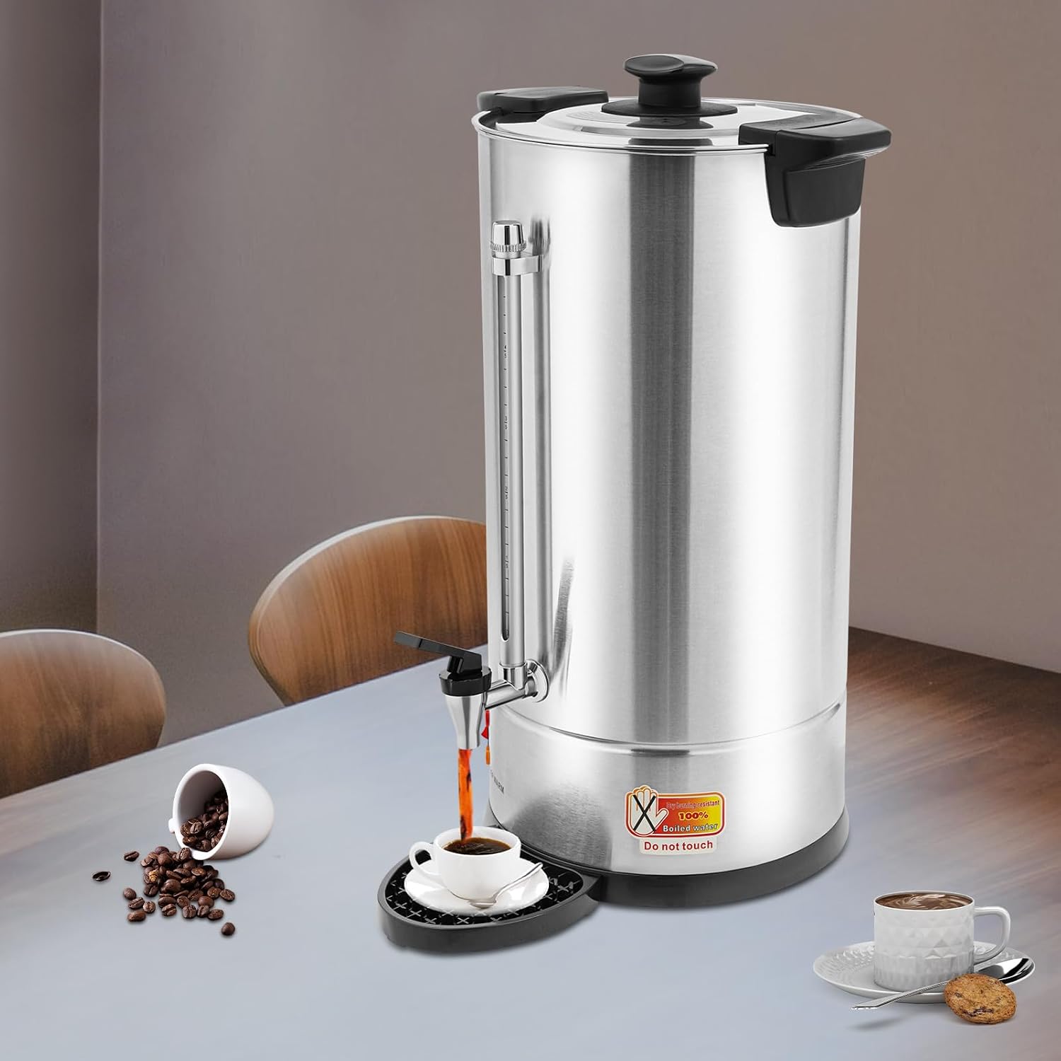 25L Stainless Steel Coffee Urn, Commercial Electric Hot Water Dispenser with Dripping Tray, No-Temp-Knob Silver Boiler for Catering Party Church Office, Large Capacity Percolator Brewer, Coffee Maker