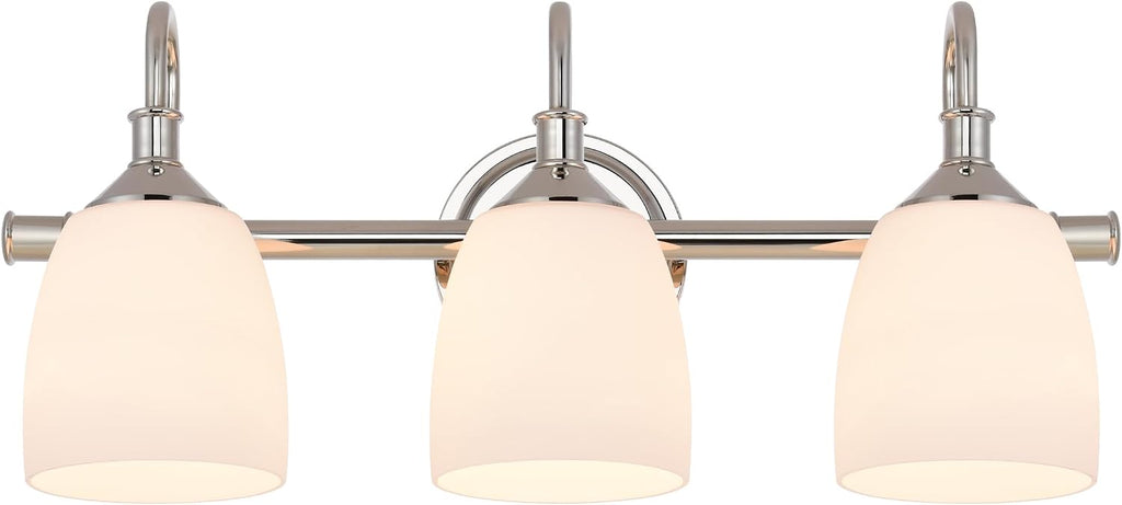3-Light Polished Nickel Bathroom Vanity Light Fixtures Over Mirror, Vintage Vanity Lights for Living Room, Milk White Glass Shades, Standard E26 Base