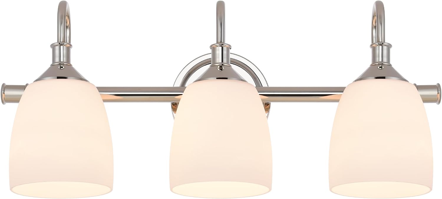 3-Light Polished Nickel Bathroom Vanity Light Fixtures Over Mirror, Vintage Vanity Lights for Living Room, Milk White Glass Shades, Standard E26 Base