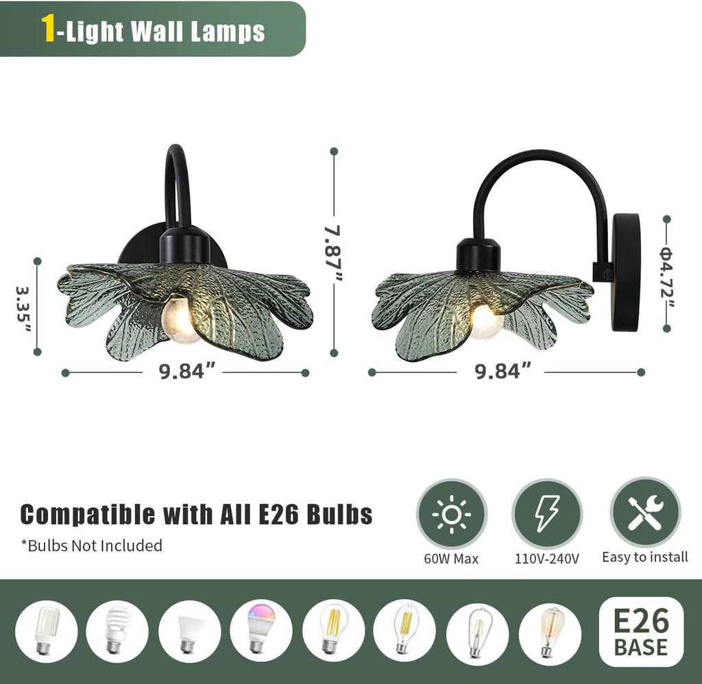 Black Bathroom Vanity Light Vintage Wall Sconce Black Wall Lamp Sconces Wall Decor Set of 2 with Dark Green Glass Shade Vanity Lighting Fixture Over Mirror for Bedroom Hallway Living Room