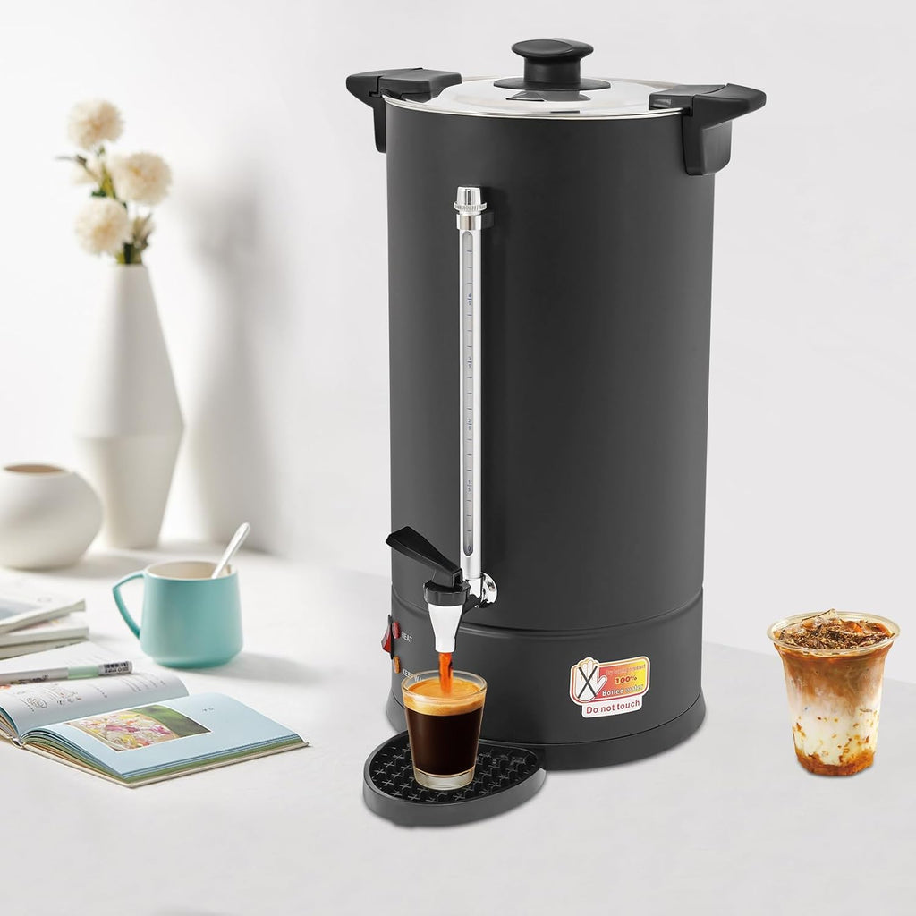Commercial Electric Coffee Pot 25L Stainless Steel Coffee Urn, Hot Water Dispenser with Drip Tray for Cafes Offices, Black Coffee Maker No Temperature Control, Large Capacity Beverage Dispenser