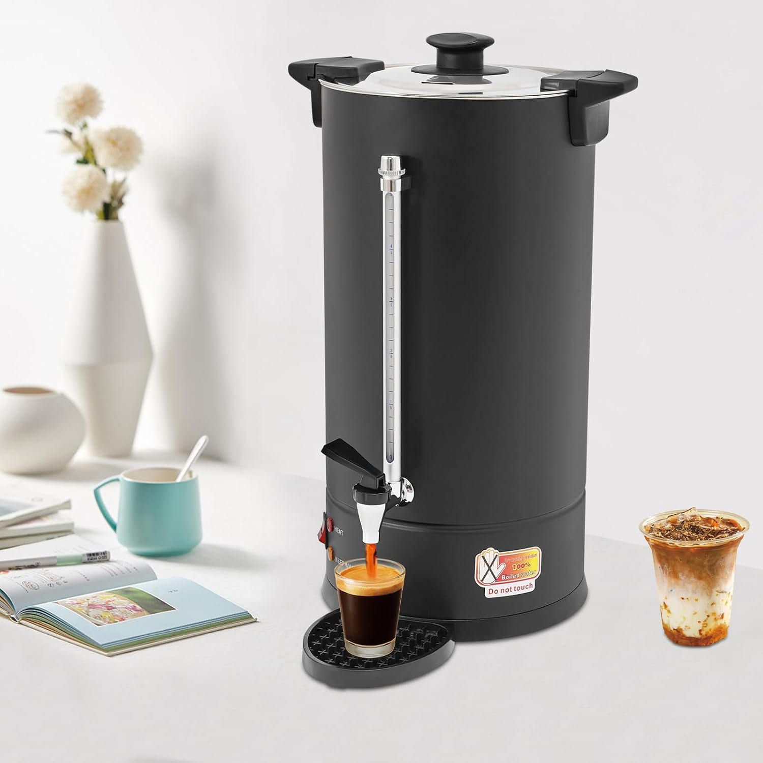 Commercial Electric Coffee Pot 25L Stainless Steel Coffee Urn, Hot Water Dispenser with Drip Tray for Cafes Offices, Black Coffee Maker No Temperature Control, Large Capacity Beverage Dispenser