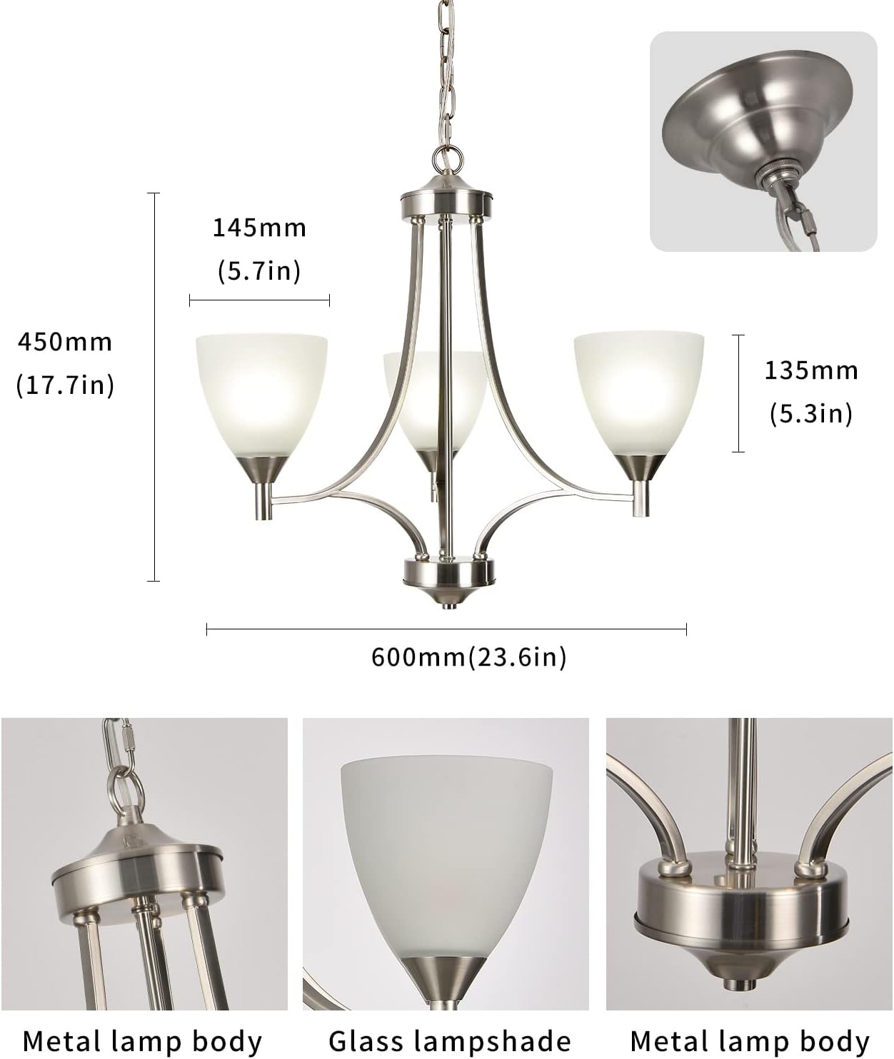 BOZO 3 Light Contemporary Chandeliers Brushed Nickel Modern Light Fixtures Ceiling Hanging Classic Pendant Lighting for Foyer Bedroom Dining Room Bathroom