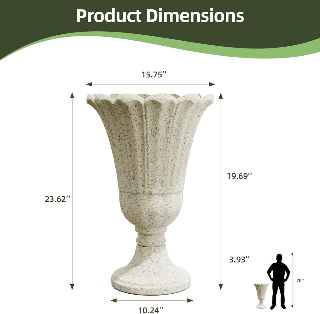 Heavy-Duty 23.6' Tall Urns Planters for Outdoor Plants - Set of 2 Water Storage Base Large Outdoor Planter for Porch, Sandblasting Process Indoor Flower Pots for Home Decor/Garden Vase, Beige