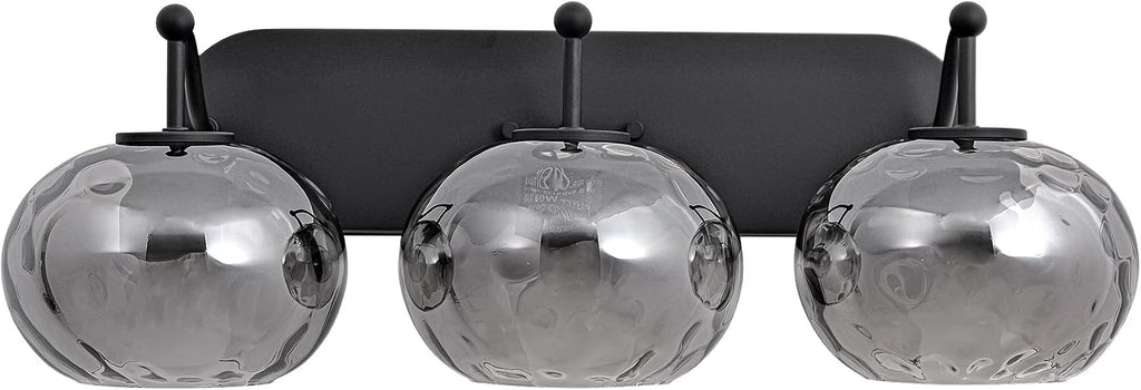 23' Matte Black Vanity Light Smoked Hammered Glass Wall Sconce 3-Light Grey Lampshade Wall Lamp for Hallway Living Room Stairwell Bathroom Over Mirror