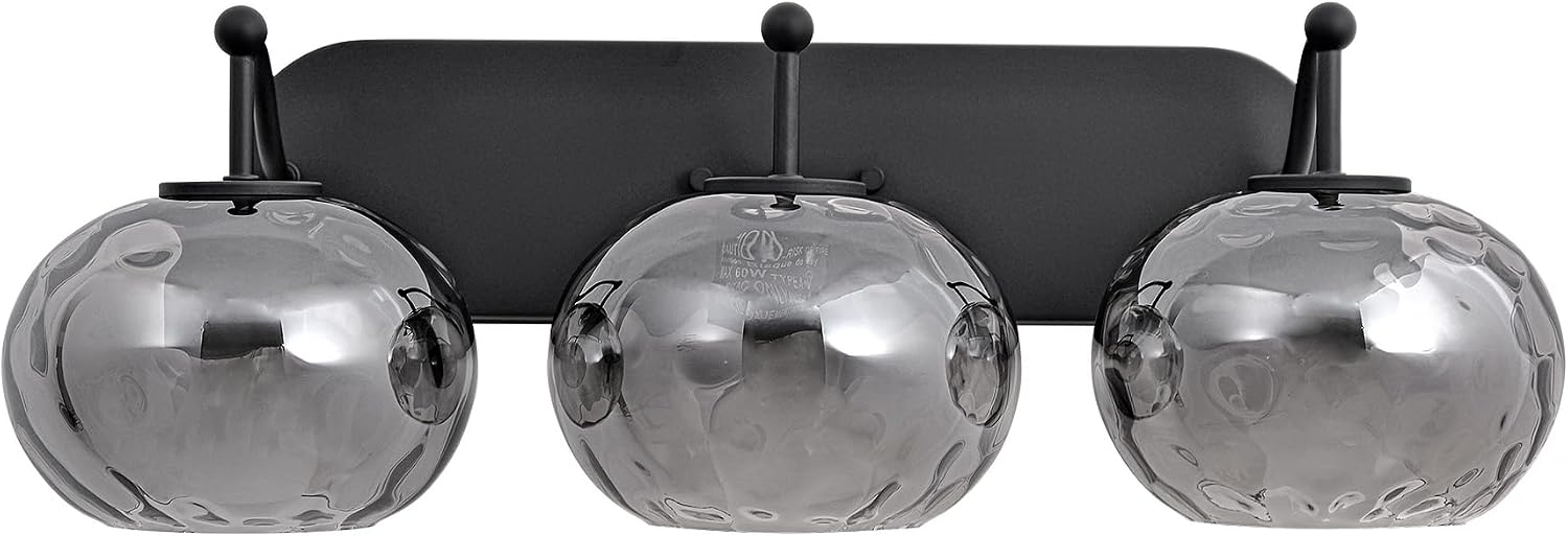 23' Matte Black Vanity Light Smoked Hammered Glass Wall Sconce 3-Light Grey Lampshade Wall Lamp for Hallway Living Room Stairwell Bathroom Over Mirror