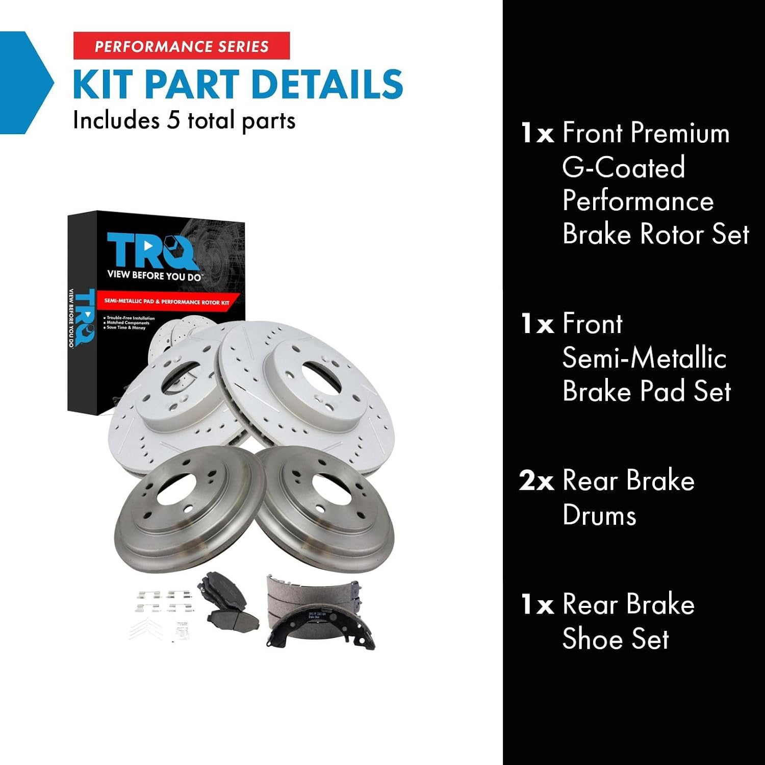 TRQ Front & Rear Brake Pad & Rotor,Shoe & Drum Kit Premium G-Coated Semi-Metallic Performance Compatible with 2013-2015 Honda Civic
