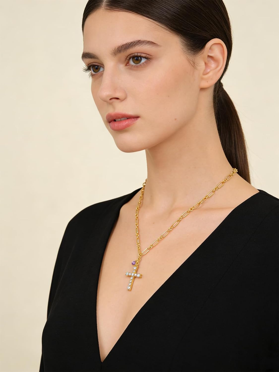 Cross Necklace for Women 14K Gold Birthstone Anniversary Birthday Gift for Wife Mom Protection Christian Jewelry Adjustable Chain