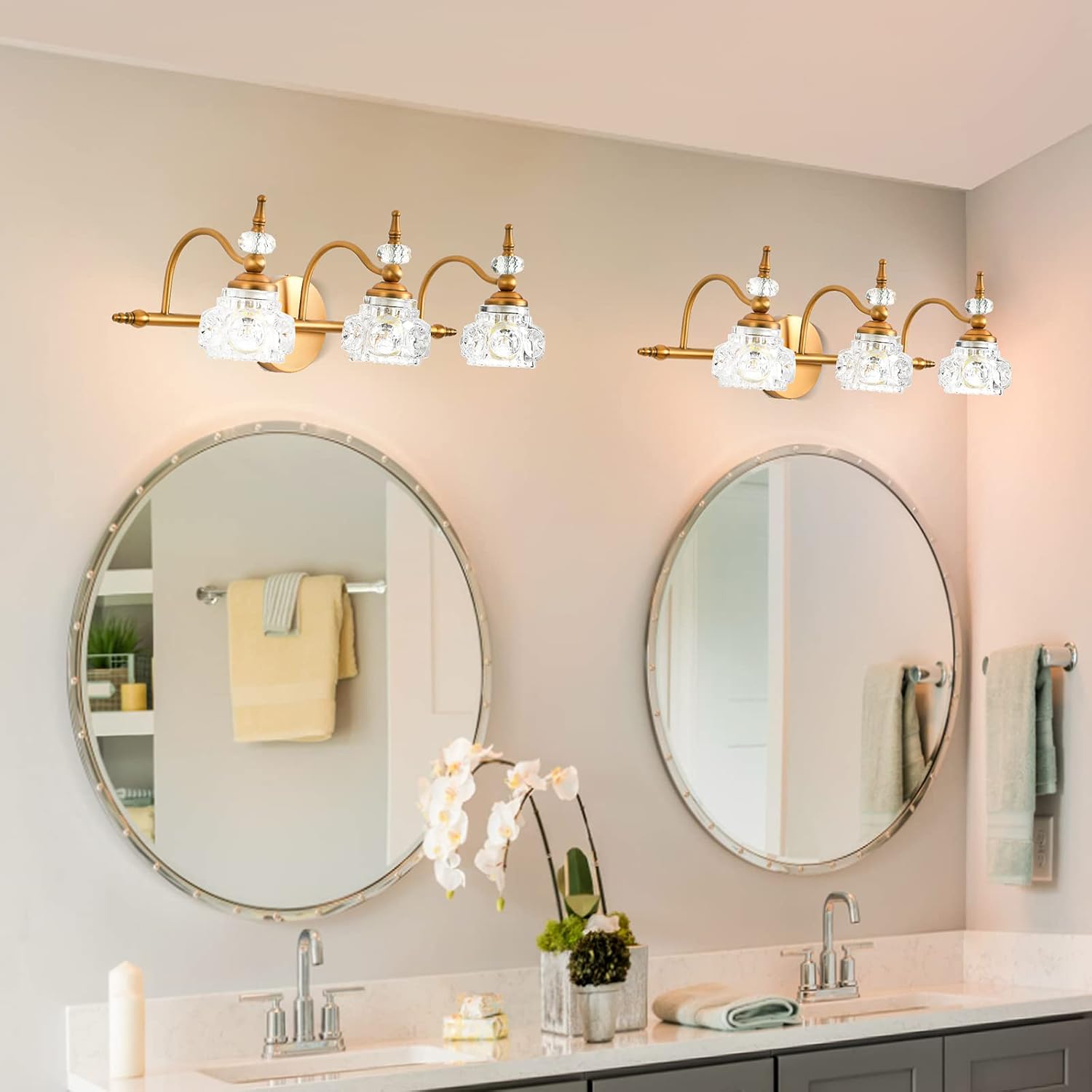 WJShome Vintage Bathroom Vanity Light Fixture, 3 Lights Bathroom Lighting Matte Brushed Antique Brass Finish with Crystal Glass Shade, Vintage Vanity Light for Bathrooms