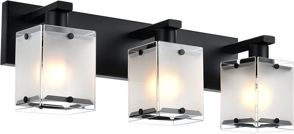 3-Lights Bathroom Light Fixture Over Mirror, Modern Black Wall Sconce Vanity Lighting Fixtures with Rectangular Frosted Glass Shade for Bathroom Kitchen Bedroom, E26 Bulb Base