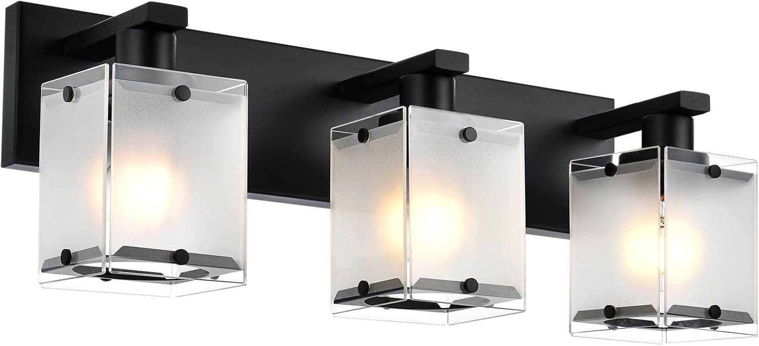 3-Lights Bathroom Light Fixture Over Mirror, Modern Black Wall Sconce Vanity Lighting Fixtures with Rectangular Frosted Glass Shade for Bathroom Kitchen Bedroom, E26 Bulb Base