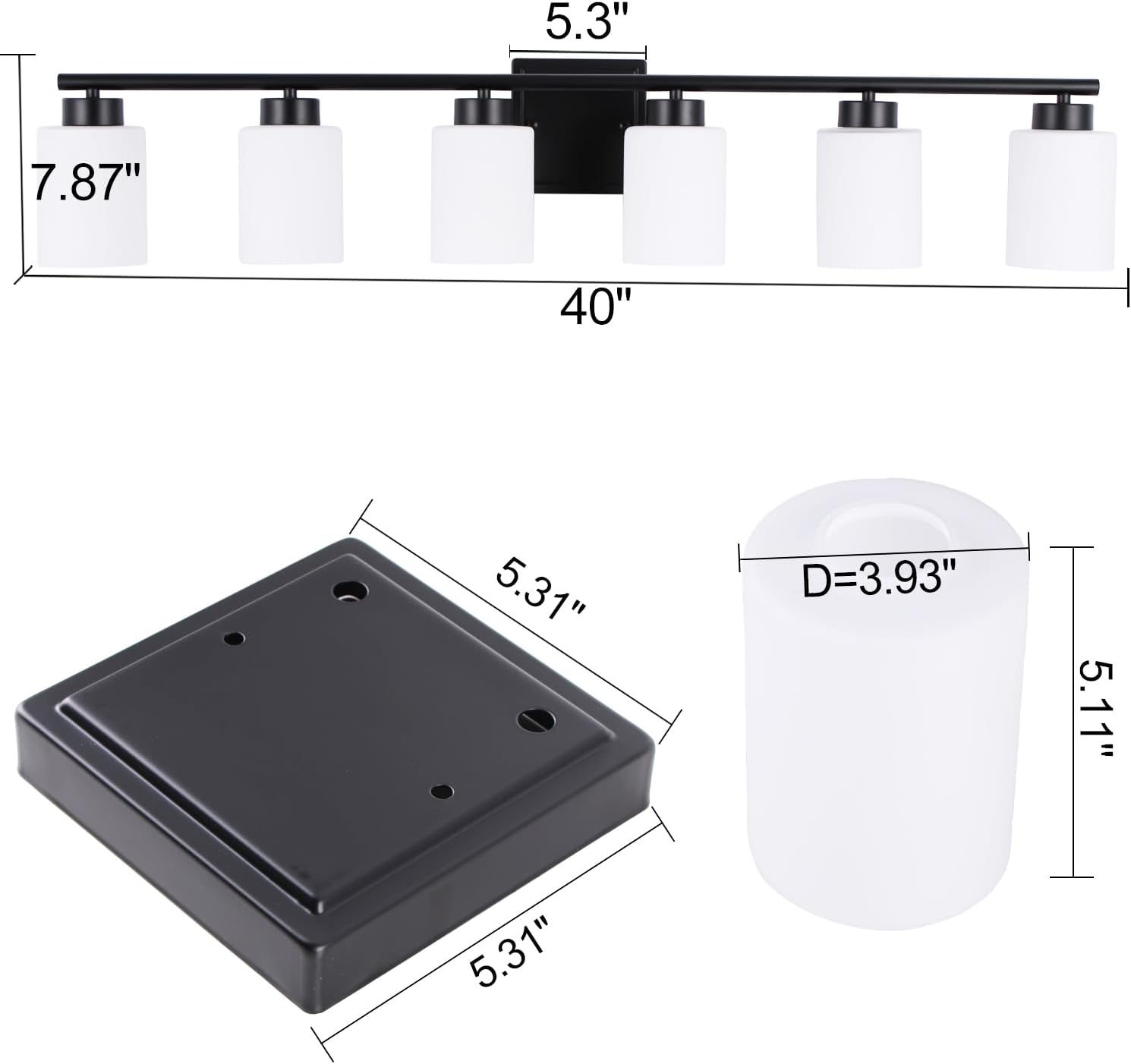 6 Light Bathroom Light Fixtures, 40 Inches Vanity Lights for Mirror, Black Vanity Lighting Fixtures with Milky White Glass Shades