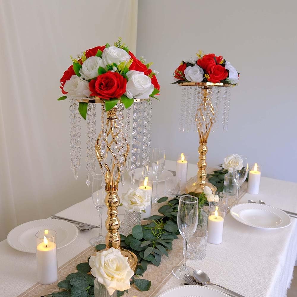 16 pcs 21.65 Inch Wedding Gold Flower Centerpieces Crystal Metal Flower Vase Wedding Centerpieces for Tables Decorations