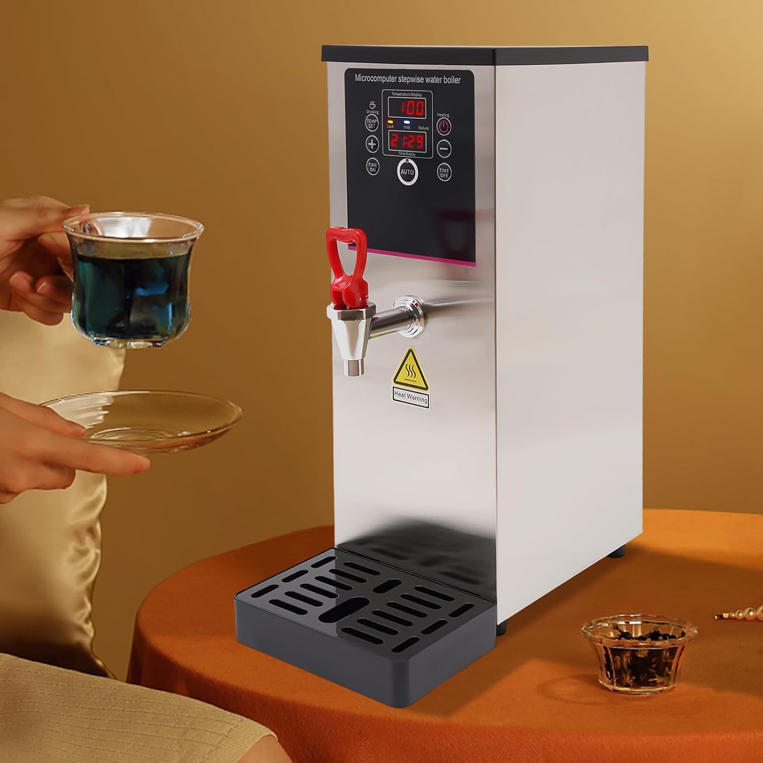 Step-Heating Commercial Hot Water Dispenser, 2500W Electric Water Boiler Machine with 10L/2.64Gal Capacity for Hotel, Restaurant, Office, Cooking Tea|Coffee|Milk Tea, Stainless Steel, Silver