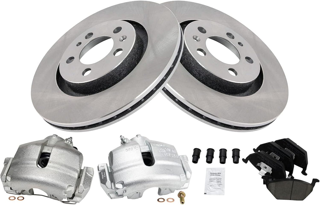TRQ Front Brake Pad and Rotor Set Ceramic Vented Rotors Calipers Compatible with 2005 Volkswagen Jetta