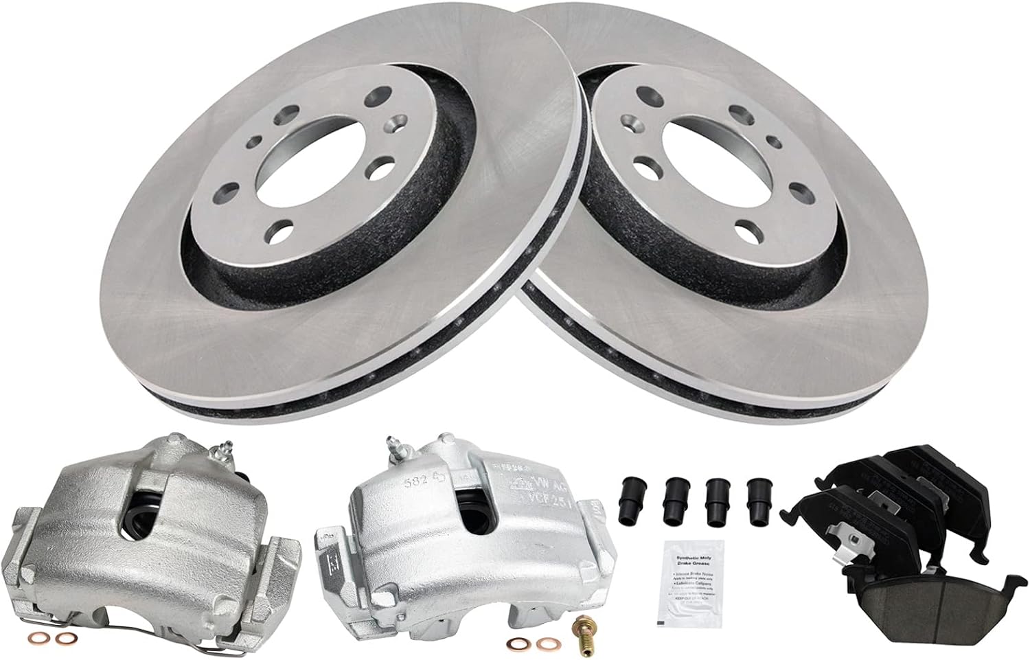TRQ Front Brake Pad and Rotor Set Ceramic Vented Rotors Calipers Compatible with 2005 Volkswagen Jetta
