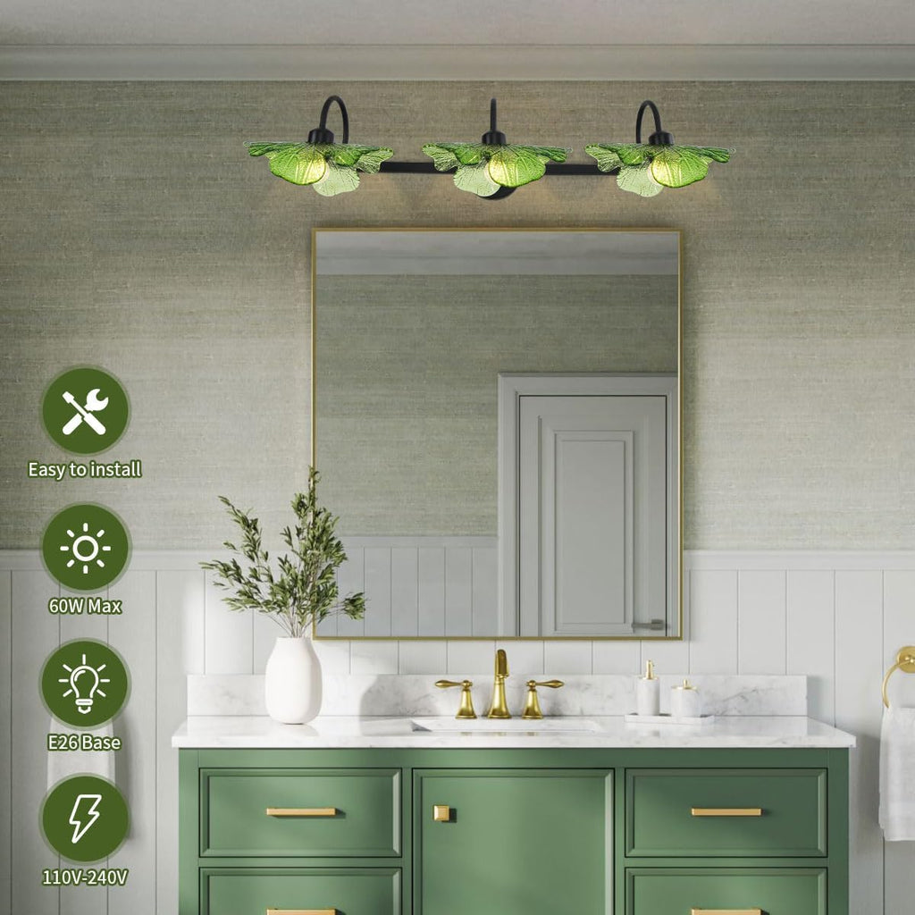 Green Bathroom Vanity Lights Over Mirror, 3 Light Flower Glass Shade Mirror Black Bathroom Sconce Vintage Wall Lighting Fixture mid Century Wall Sconce Light for Bedside Bedroom Doorway