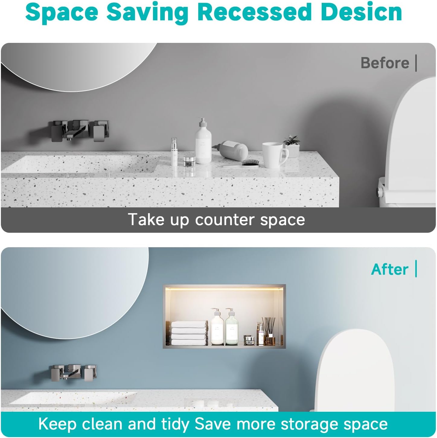 Stainless Steel Shower Niche with LED Lights 12' x 24' Recessed Wall Niche, No Tile Needed Bathroom Storage Shelf (Brushed)