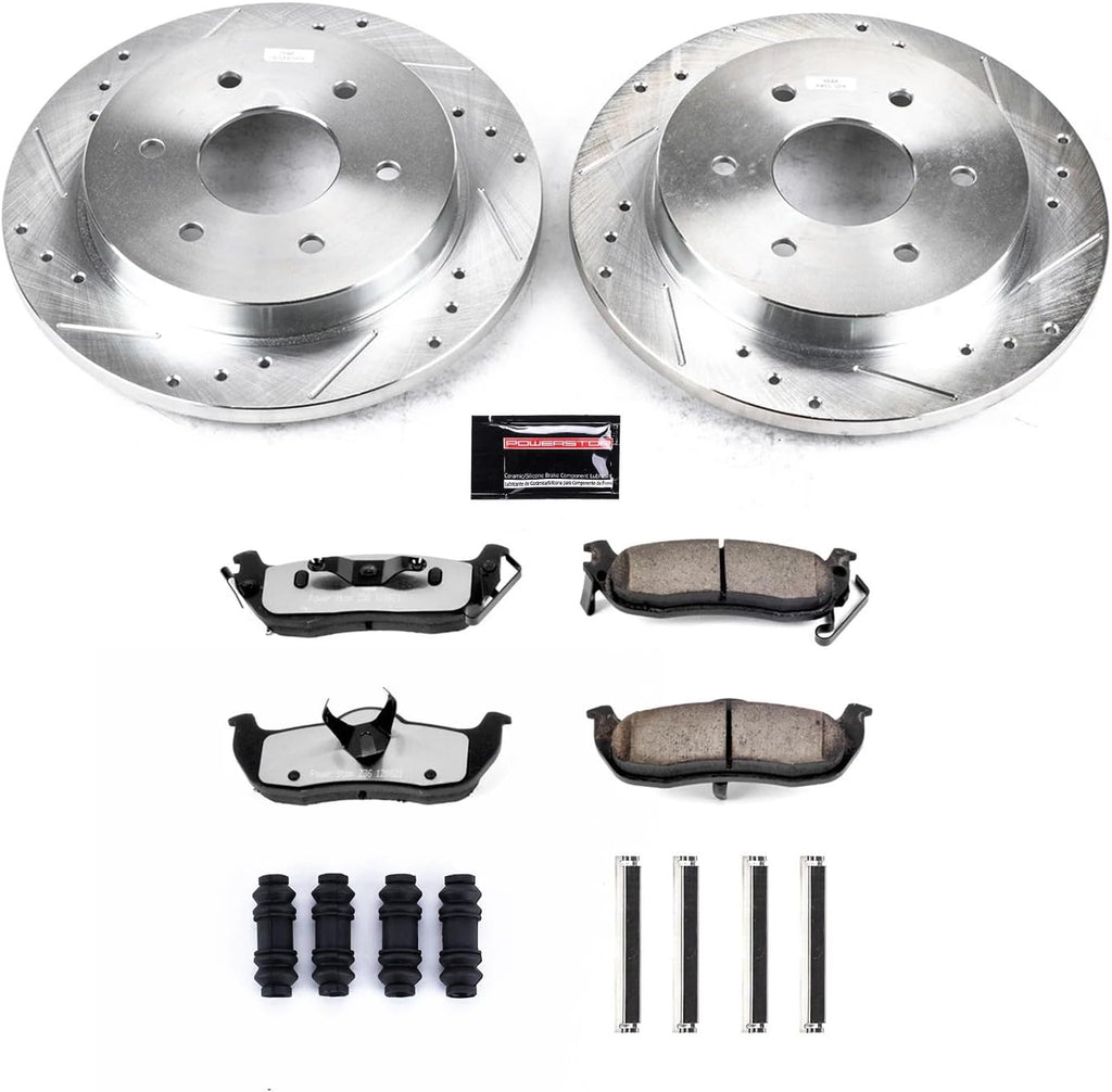 PowerStop Rear Brake Kit For Infiniti QX56 2004-10 |Nissan Armada 2005-15 |TITAN 2004-15 - Truck & Tow Carbon Fiber Ceramic Brake Pads + Drilled & Slotted Rotors Upgrade, K2445-36