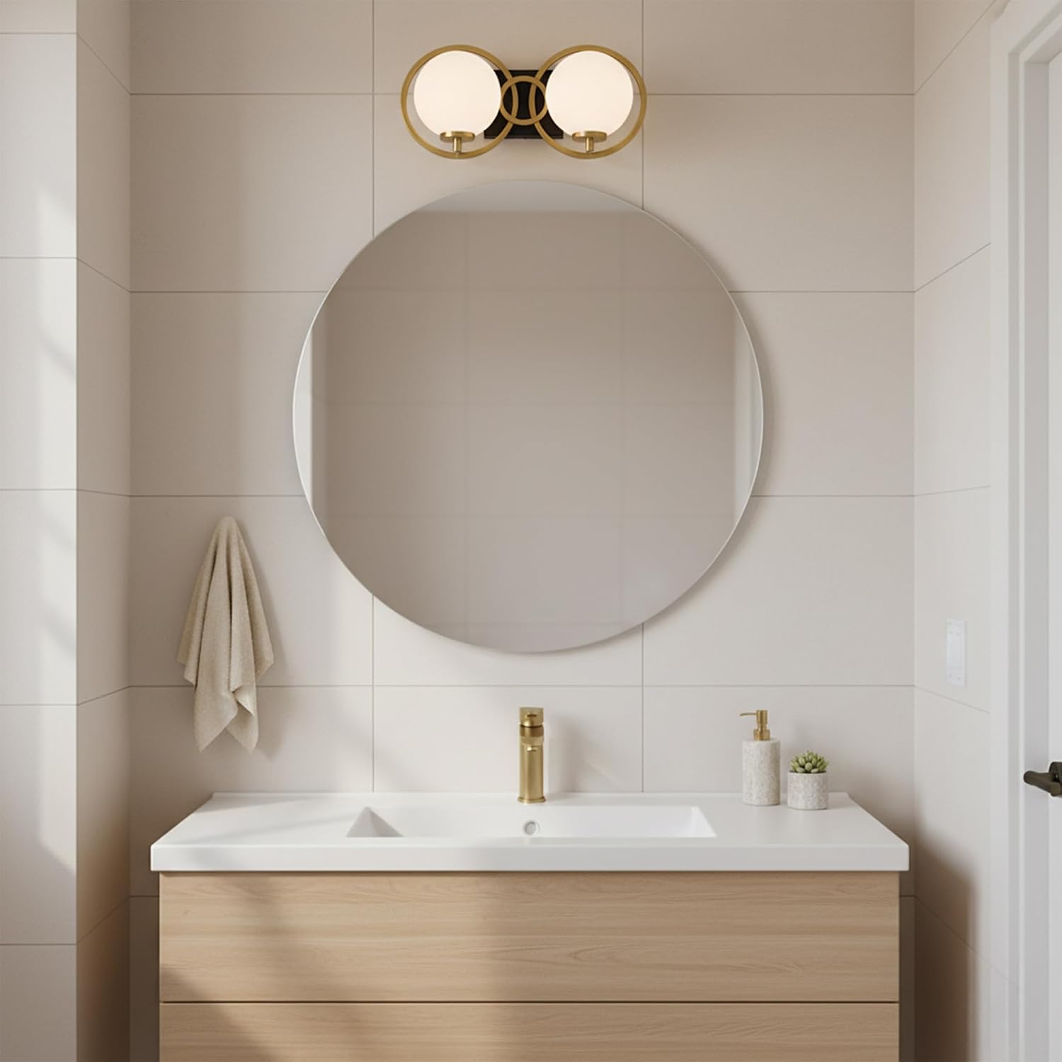 Savoy House 8-6180-2-143 Alhambra Vintage Mid-Century Modern Soft Frosted Glass Bathroom Vanity Wall Light, 2-Light 120 Total Watts, 8' H x 16' W, Matte Black with Warm Brass