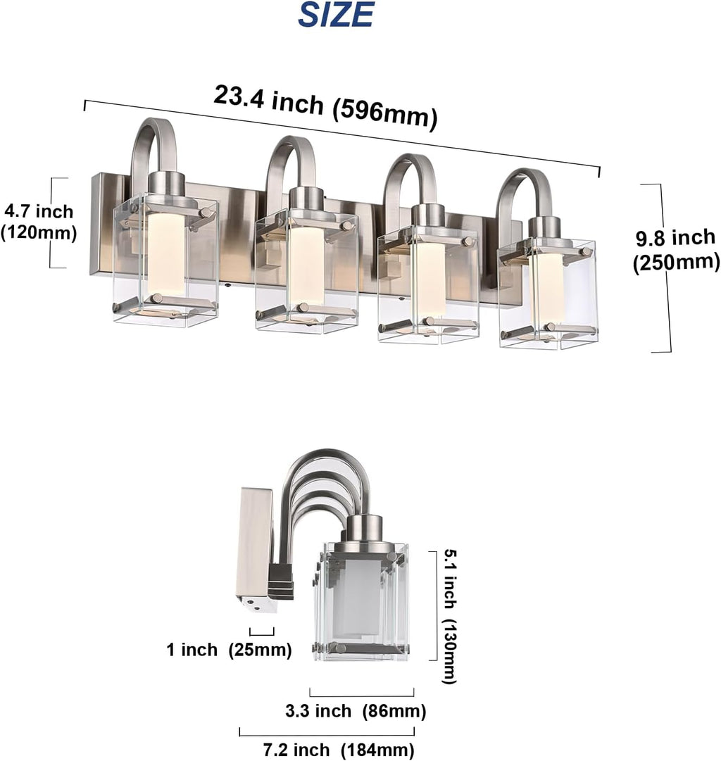 TODOLUZ 4-Light Bathroom Vanity Light,Brushed Nickel LED Modern Wall Light with 5 Color Modes LED Bathroom Light Fixture with Frosted Column and Clear Glass Shade Vanity Lights