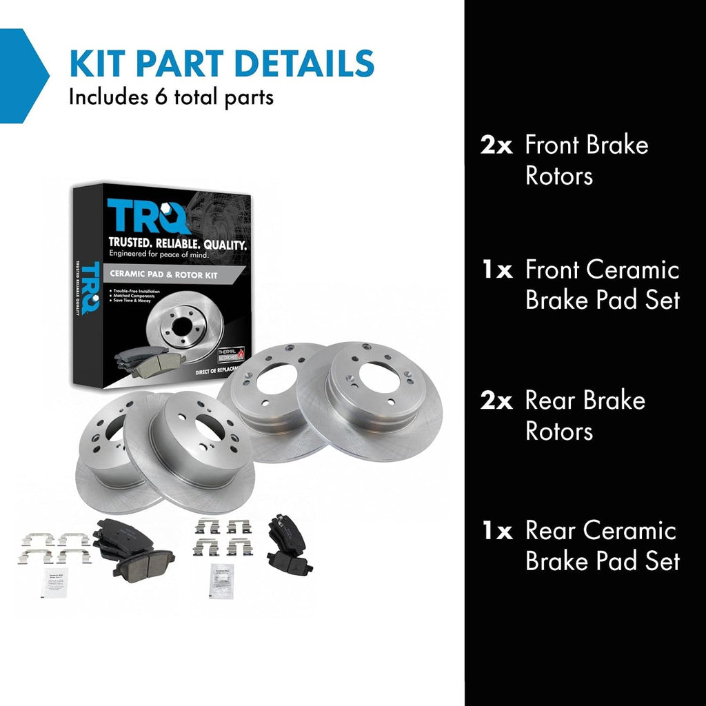 TRQ Front Rear Brake Pad and Rotor Set Ceramic Vented Solid Rotors Compatible with 2011-2015 Hyundai Sonata 2011-2016 Kia Optima