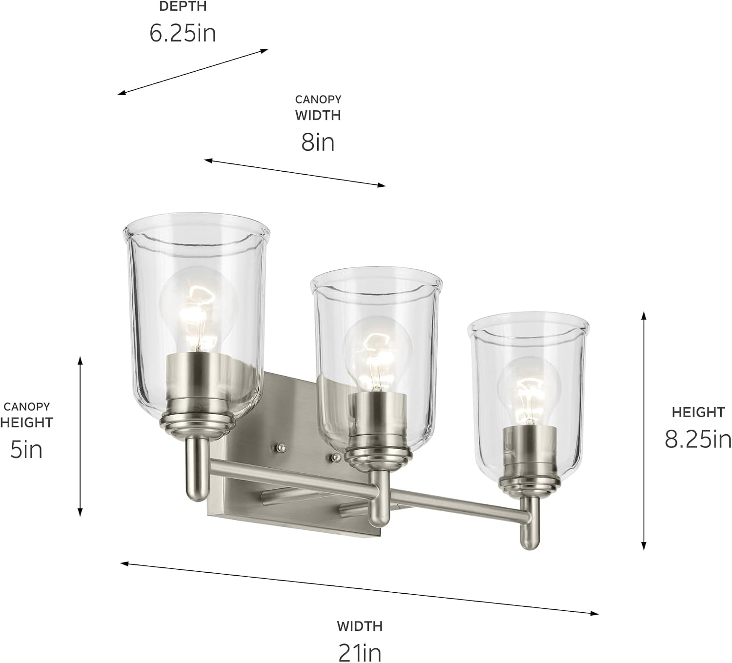 KICHLER Shailene 21' 3-Light Vanity Light with Clear Glass in Brushed Nickel, Use as Single or in Multiple, for Vanities, (21' x 8.25'), 45574NICLR