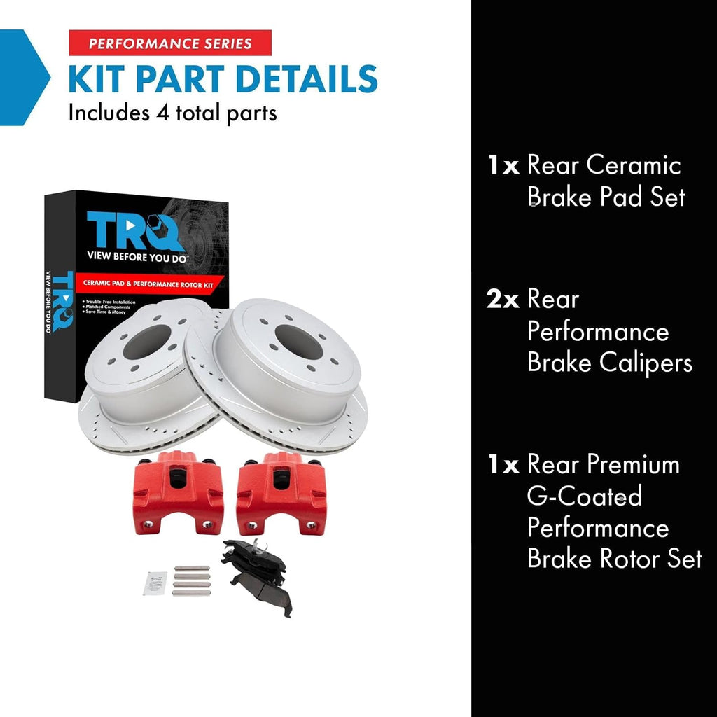 TRQ Performance Rear Brake Pad and Rotor Set Ceramic Coated Drilled Slotted Vented Rotors Calipers Red Compatible with 2004-2011 Ford F-150 2006-2008 Lincoln Mark LT
