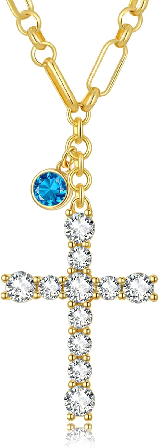 Cross Necklace for Women 14K Gold Birthstone Anniversary Birthday Gift for Wife Mom Protection Christian Jewelry Adjustable Chain