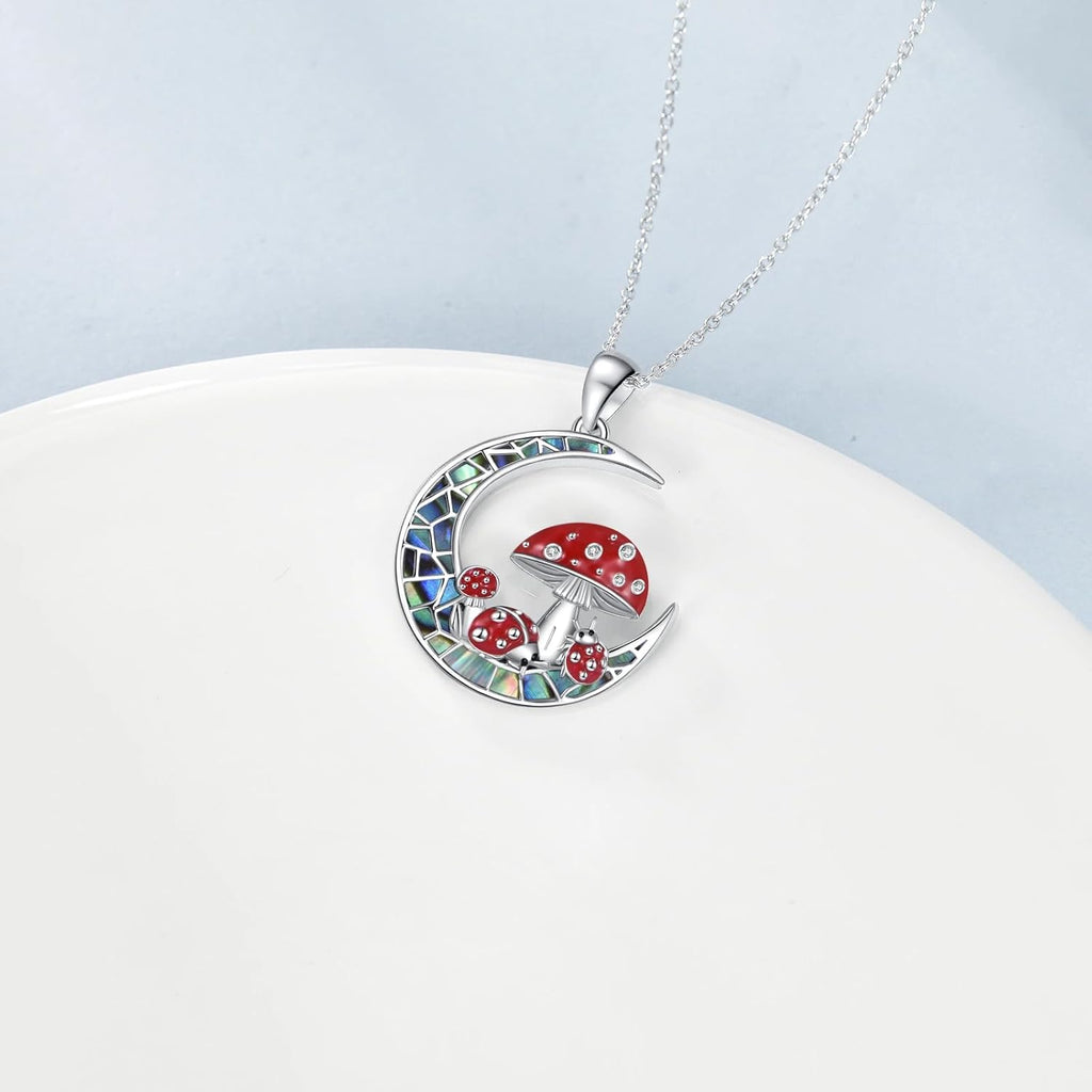 Diamond Moon Mushroom Necklace for Women 925 Sterling Silver Red Mushroom Ladybug Pendant Necklace with Abalone Jewelry Gifts for Mom Wife Sister Friend Christmas Birthday,18+2 inch