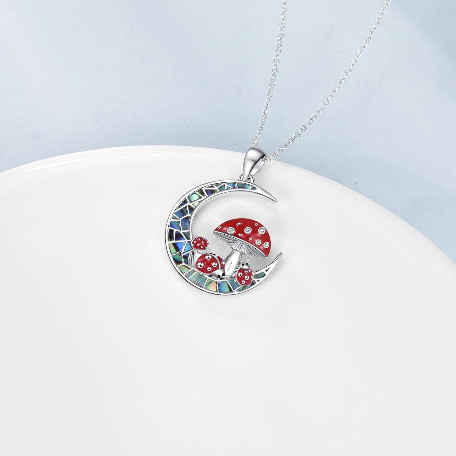 Diamond Moon Mushroom Necklace for Women 925 Sterling Silver Red Mushroom Ladybug Pendant Necklace with Abalone Jewelry Gifts for Mom Wife Sister Friend Christmas Birthday,18+2 inch