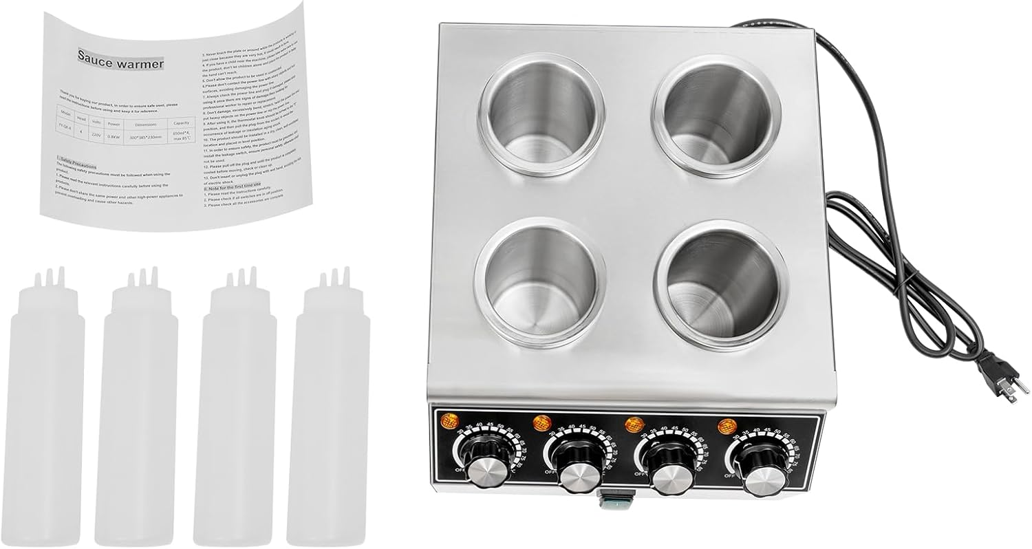 Electric Sauce Warmer Dispenser, 4 Grids Countertop Stainless Steel Sauce Heat Preservation Machine Hot Fudge Bottle Warmer Nacho Cheese Warmer Dispenser 86-185 ℉ 650ml