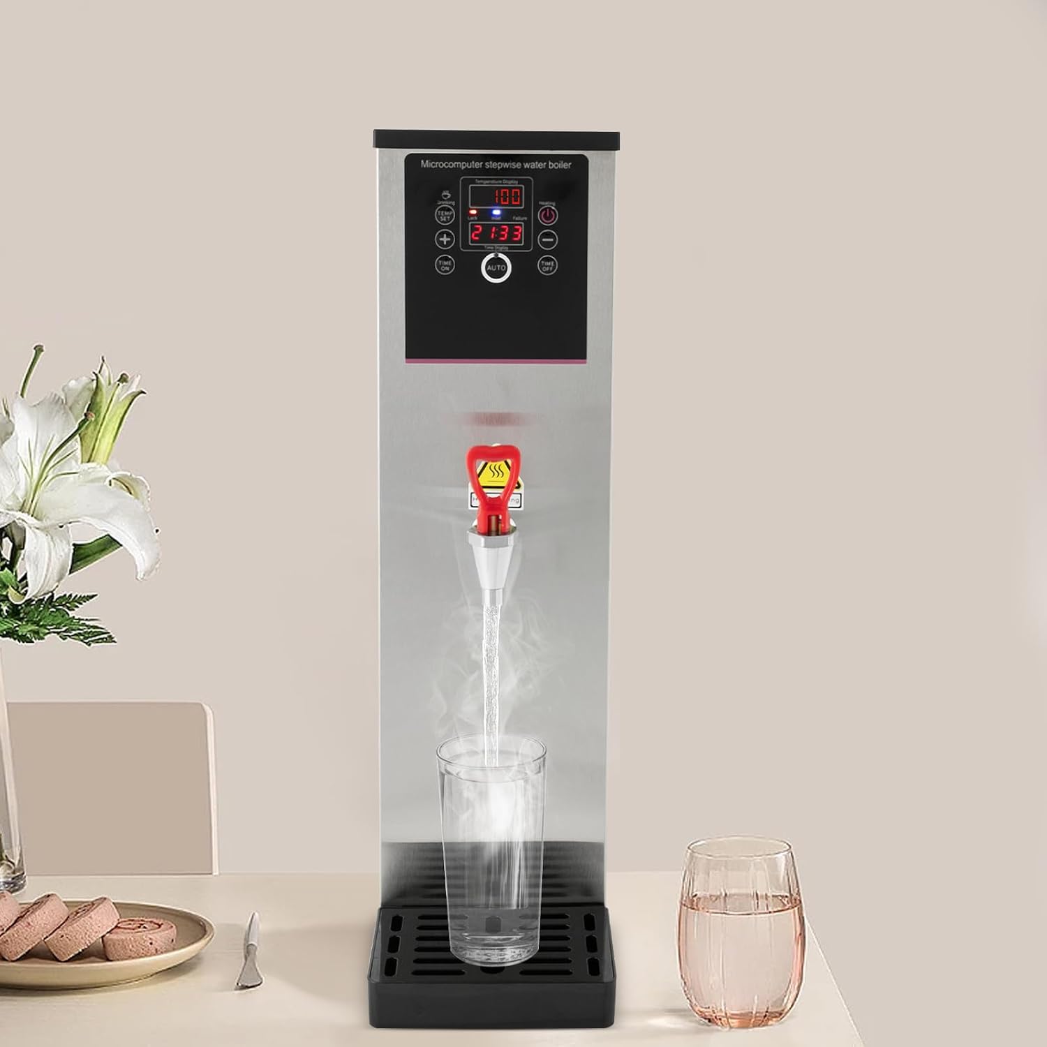 Electric Water Boiler 304 Stainless Steel, Commercial Hot Water Dispenser Digital Display, 2500W, Countertop Water Dispenser for Kitchens, Living Rooms, Cafes, Restaurants, Silver(15L/3.96Gal)
