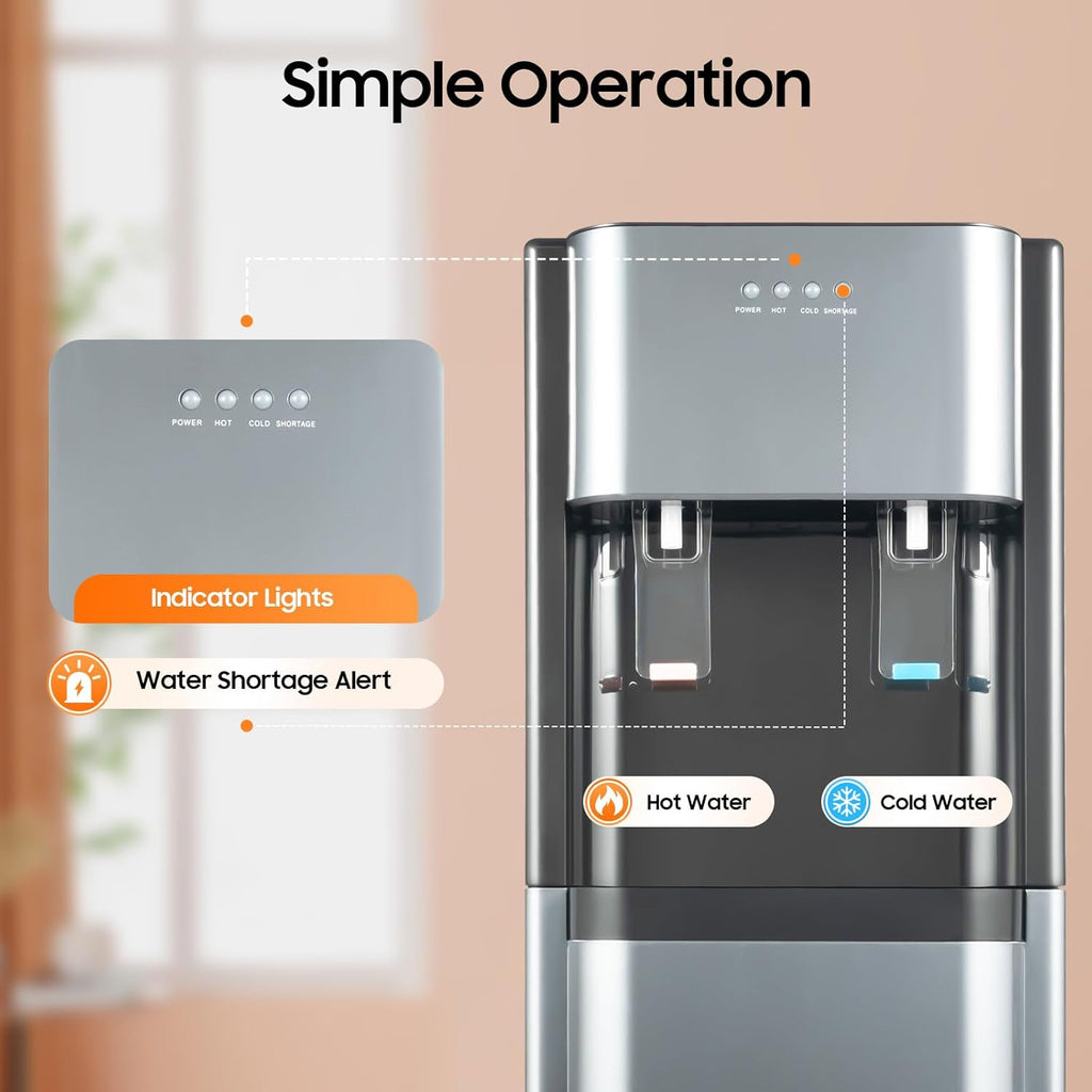 Bepritm Bottom Loading Water Cooler Dispenser for 5 Gallon Bottles, Hot Cold & Cool Water Dispenser with Empty Bottle Indicator, Stainless Steel, Ideal for Office, Home, Living Room (Dark Grey)