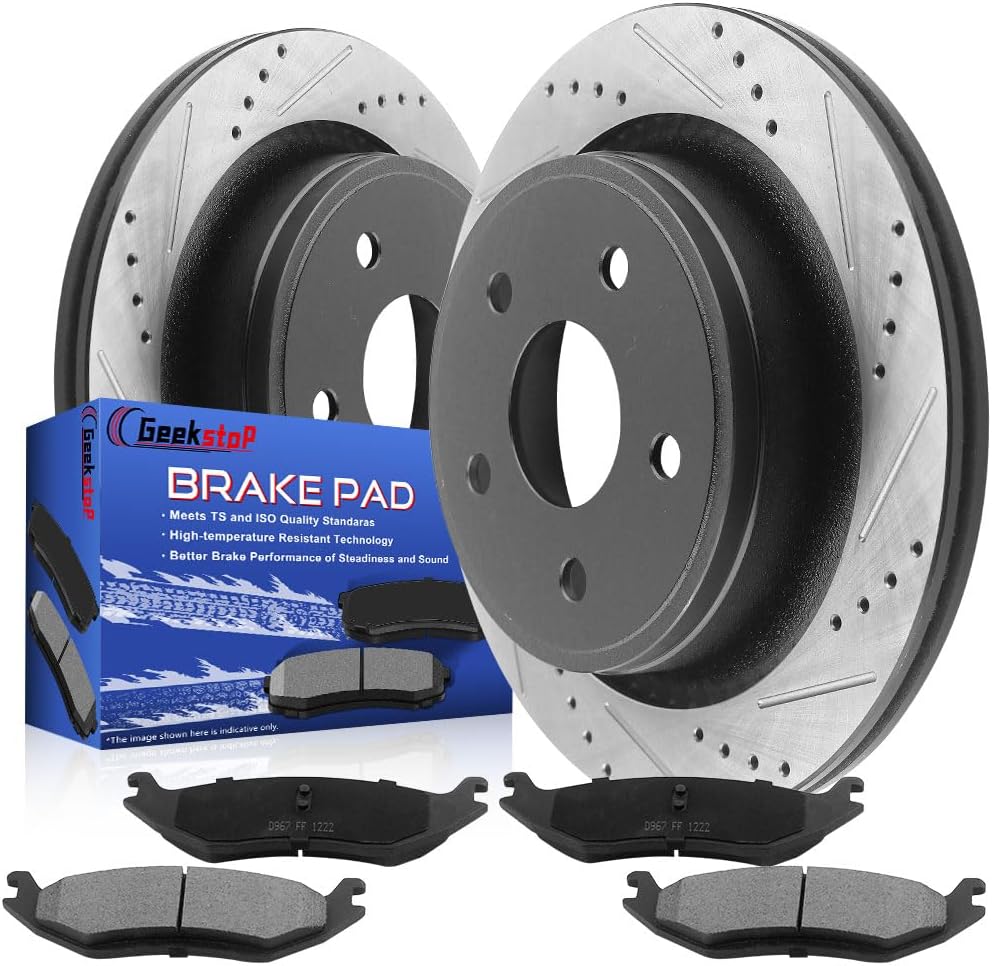 Rear Brake Pads and Rotors Kit for 2005-2010 Dodge Ram 1500, 2011-2018 Ram 1500, 2004-2009 Dodge Durango, 2007-2009 Chrysler Aspen Ceramic Brake Pads Drilled and Slotted E-Coating Disc Brake Rotors