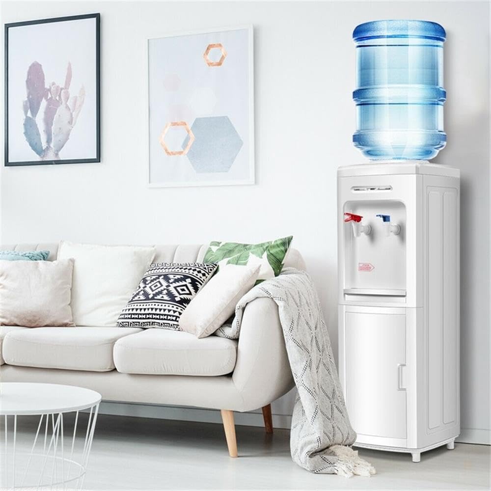 Pemberly Row Electric Water Dispenser, 5 Gallon Bottle Capacity, White Plastic, 11.8'x11.0'x31.5', Child Safety Lock, LED Indicator, Storage Cabinet, Top Load Design for Home or Office Use