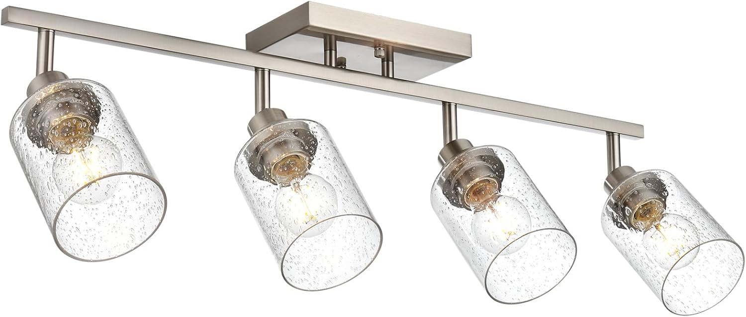 4-Light Brushed Nickel Kitchen Track Lighting Fixtures Ceiling Mount Track Lighting Kit with Bubble Seeded Glass Shade Modern Bathroom Tracking Vanity Lights Ceiling Tracking Accent Shop Light