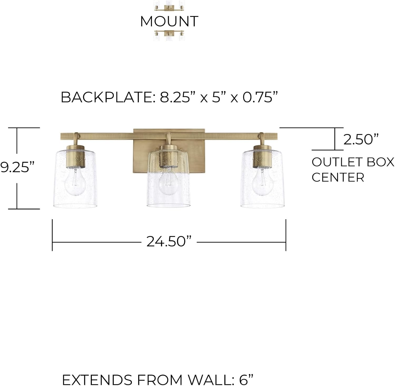 HomePlace Lighting 128531AD-449 Greyson Urban/Industrial Clear Seeded Glass Bathroom Vanity Wall Light, 3-Light 300 Total Watts, 9' H x 25' W, Aged Brass