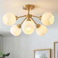 6-Light Semi Flush Mount Ceiling Light, 22' Modern Light Fixtures Ceiling Mount with Globe Milk White Glass Shade, Brushed Gold Light Fixtures for Kitchen Entryway Bedroom, SM195-BG-ML-6