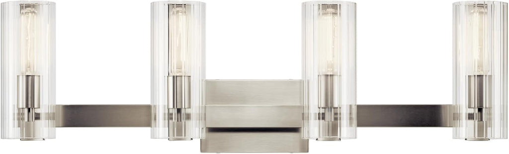 Kichler Jemsa 4-Light Bathroom Vanity Light Fixture with Clear Fluted Glass in Brushed Nickel, Modern Wall Mount Light for Bathroom or Powder Room (9.75' x 32'), 55169NI