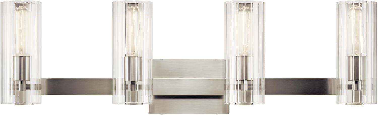 Kichler Jemsa 4-Light Bathroom Vanity Light Fixture with Clear Fluted Glass in Brushed Nickel, Modern Wall Mount Light for Bathroom or Powder Room (9.75' x 32'), 55169NI