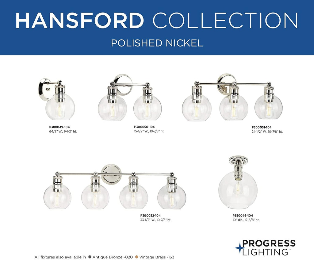 Progress Lighting Hansford Collection 1-Light Clear Glass Coastal Bath Vanity Light Polished Nickel