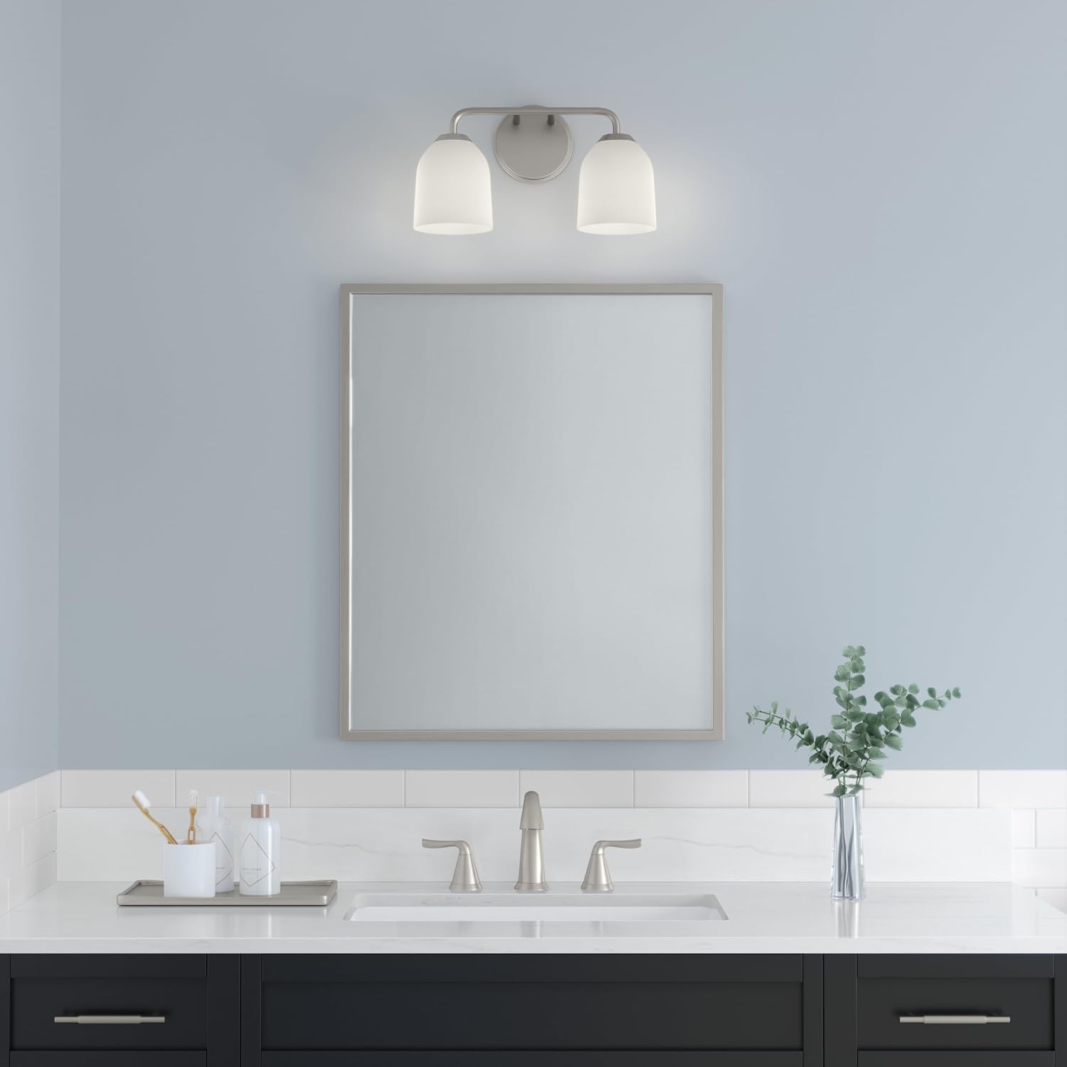 ML Lighting | Norah Collection | 22302-BN | Indoor 2 Light Vanity in Brushed Nickel with Opal Ribbed Glass Shade | Elegant and Versatile Design for Any Bathroom