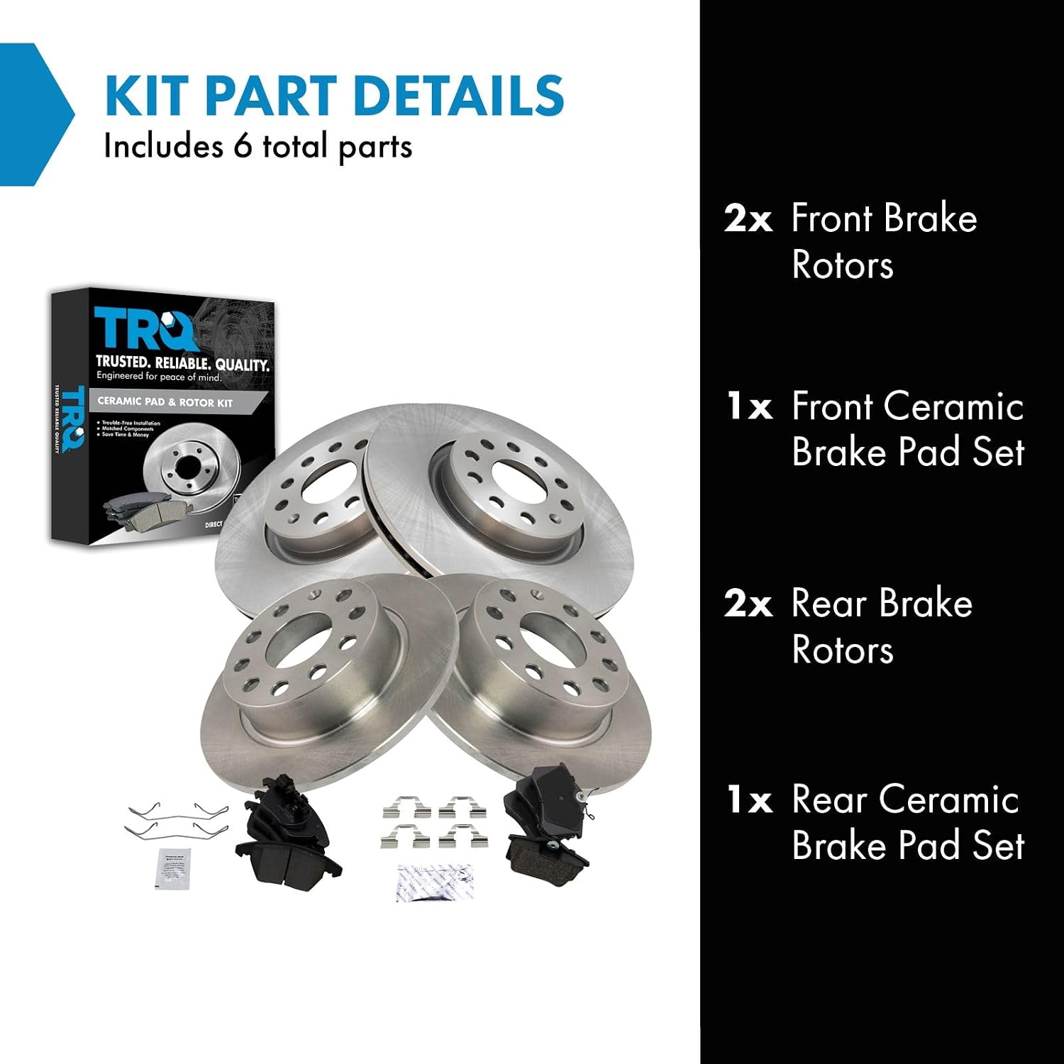 TRQ Front and Rear Brake Pad and Rotor Set Ceramic Vented Solid Rotors Compatible with 2013-2017 Volkswagen Beetle 2013-2018 Jetta