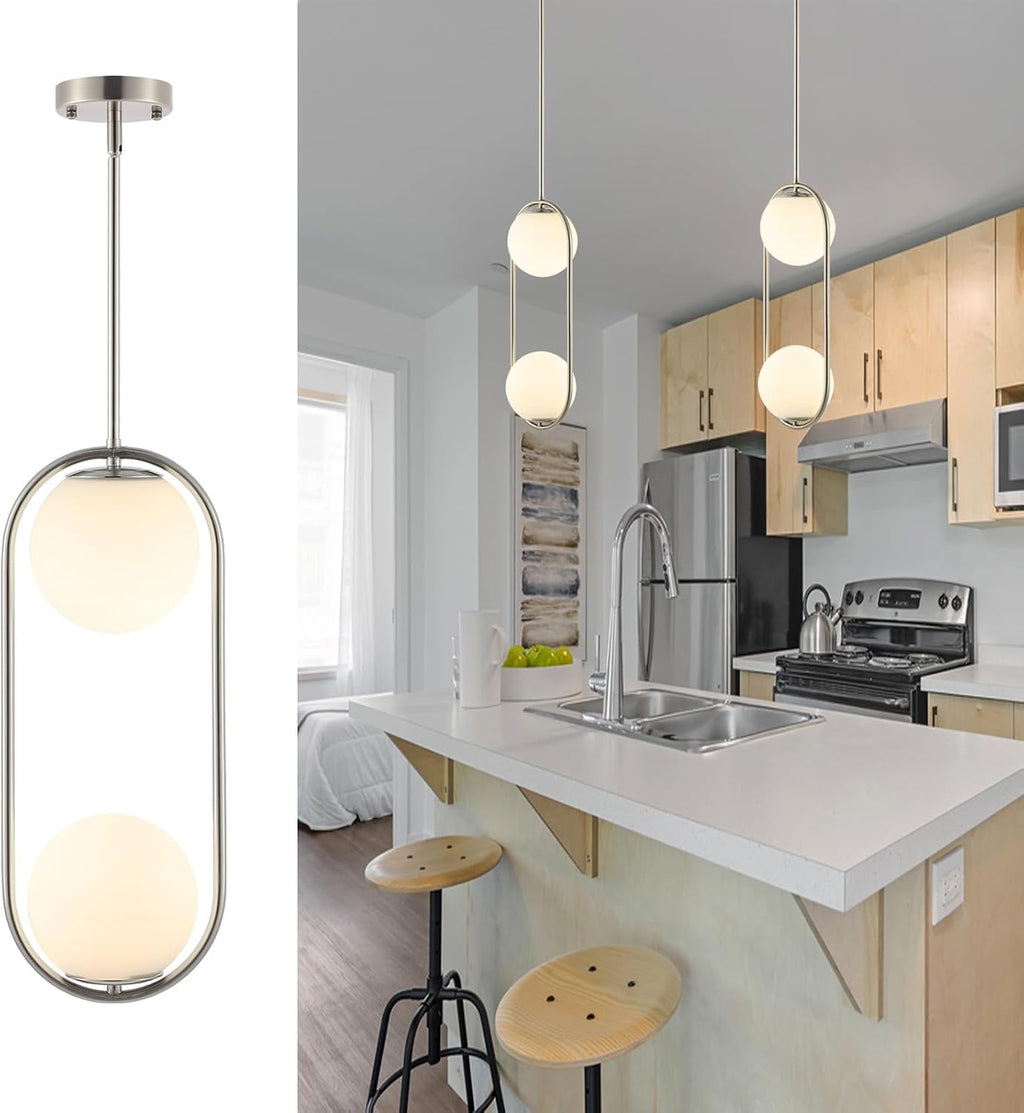 BYOLIIMA Modern Globe Pendant Light 2-Lights Brushed Nickel Chandelier Mid Century Ceiling Hanging Lighting Fixture White Globe Glass Shades for Kitchen Island Dining Room Bedroom